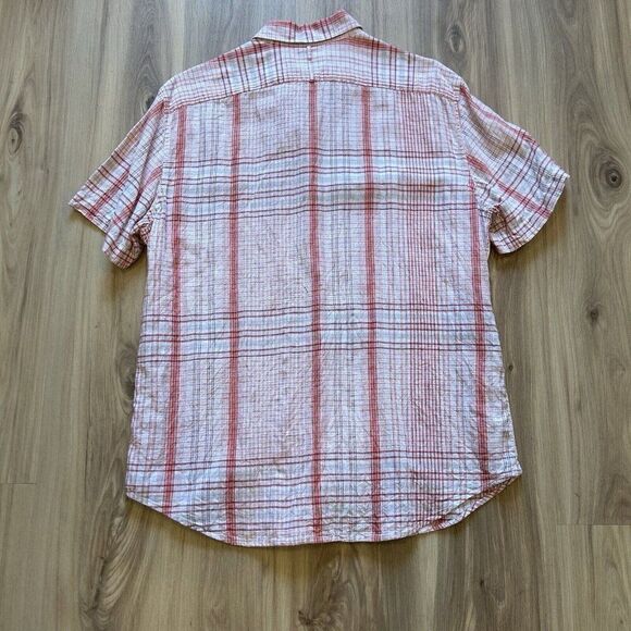 Banana Republic Short Sleeve Button Down Linen Cotton Plaid Orange White Blue L - Picture 2 of 9
